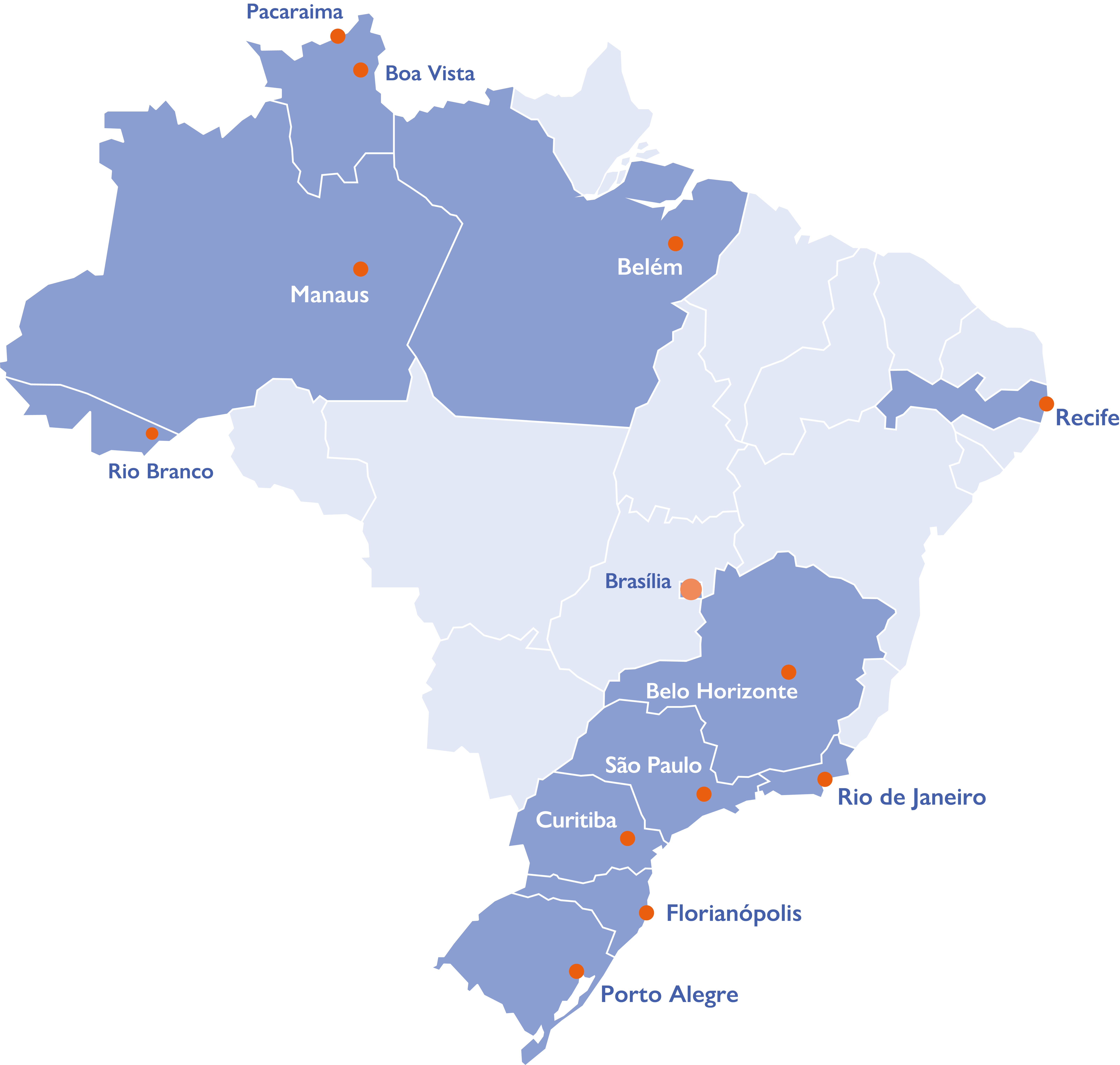 Mapa do Brasil com os estados e cidades onde a OIM possui escritórios em destaque