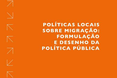 Capa do guia de políticas locais sobre migração. Documento laranja com branco.